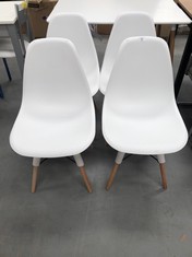 4 X PLASTIC DINING CHAIRS IN WHITE AND WOOD (DIRTY).