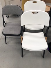 3 X FOLDING CHAIRS INCLUDING 2 WHITE PLASTIC CHAIRS THAT SUPPORT 158KG.