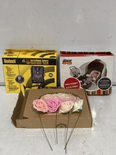 QTY OF ASSORTED 160536 ITEMS TO INCLUDE BUSHNELL WIFI SURVEILLANCE CAMERA, JOLLY JUMPER BABY HUGGER