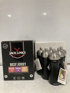 QTY OF ASSORTED FOOD ITEMS TO INCLUDE JACK LINKS BEEF JERKY MULTIPACK BBE 23.04.25, SALT SHAKER