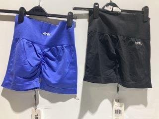 BOX OF ASSORTED CLOTHING TO INCLUDE AYBL EMPOWER SEAMLESS SHORTS COBALT SIZE SMALL