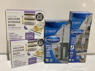 BOX OF ASSORTED ITEMS TO INCLUDE THE DUSTPAN & BRUSH STORE MICROFIBRE SPRAY MOP