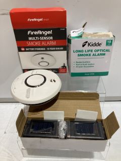 BOX OF ASSORTED ITEMS TO INCLUDE FIRE ANGEL MULTI-SENSOR SMOKE ALARM BATTERY POWERED