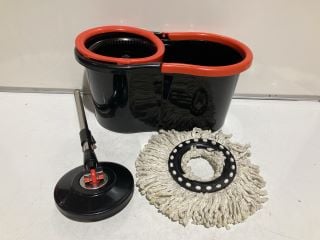 BOX OF ASSORTED ITEMS TO INCLUDE BLACK/ORANGE MOP AND MOP BUCKET