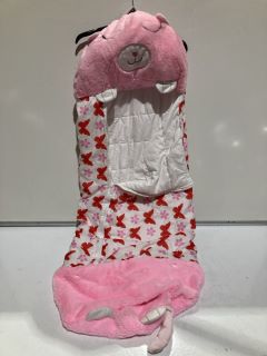 BOX OF ASSORTED ITEMS TO INCLUDE PINK CAT SLEEPING BAG WITH BUTTERFLY PATTERN