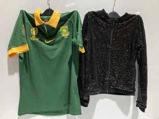 BOX OF ASSORTED CLOTHING TO INCLUDE NIKE SOUTH AFRICA RUGBY WORLD CUP 2023 JERSEY SIZE S