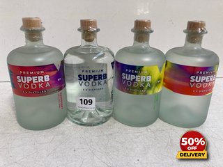 4 X BOTTLES OF ASSORTED VODKA TO INCLUDE SUPERB PREMIUM CLASSIC VODKA 70CL 42% VOL (WE OPERATE A CHALLENGE 25 POLICY. 18+ ID MAY BE REQUIRED UPON COLLECTION/DELIVERY, E.G. A VALID PASSPORT OR PHOTO D