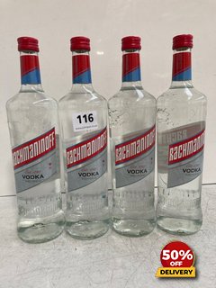 4 X BOTTLES OF RACHMANINOFF TRILED DISTILLED 70CL 37.5% VOL (WE OPERATE A CHALLENGE 25 POLICY. 18+ ID MAY BE REQUIRED UPON COLLECTION/DELIVERY, E.G. A VALID PASSPORT OR PHOTO DRIVING LICENCE): LOCATI