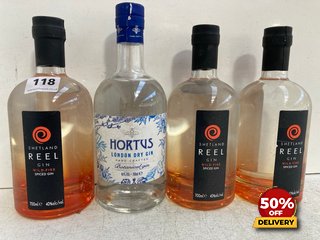 3 X BOTTLES OF SHETLAND REEL WILDFIRE SPICED GIN 700ML 40% VOL TO ALSO INCLUDE 1X BOTTLE OF HORTUS LONDON DRY GIN 700ML 40% VOL (WE OPERATE A CHALLENGE 25 POLICY. 18+ ID MAY BE REQUIRED UPON COLLECTI