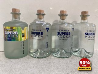 3 X BOTTLES OF SUPERB CLASSIC PREMIUM VODKA 70CL 42% VOL TO ALSO INCLUDE 1X BOTTLE OF SUPERB VANILLA FLAVOR PREMIUM VODKA 70CL 40% VOL (WE OPERATE A CHALLENGE 25 POLICY. 18+ ID MAY BE REQUIRED UPON C