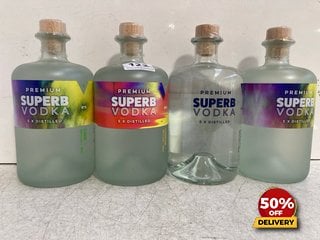 4 X BOTTLES OF ASSORTED VODKA TO INCLUDE SUPERB CLASSIC PREMIUM VODKA 70CL 42% VOL (WE OPERATE A CHALLENGE 25 POLICY. 18+ ID MAY BE REQUIRED UPON COLLECTION/DELIVERY, E.G. A VALID PASSPORT OR PHOTO D