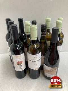 12 X BOTTLES OF ASSORTED WINE TO INCLUDE VEGADELPAS VERDEJO RUEDA 75CL 13.5% VOL (WE OPERATE A CHALLENGE 25 POLICY. 18+ ID MAY BE REQUIRED UPON COLLECTION/DELIVERY, E.G. A VALID PASSPORT OR PHOTO DRI