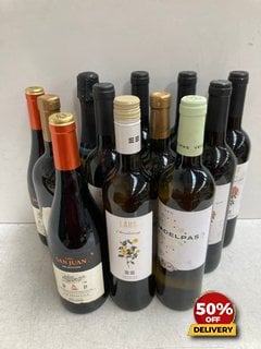 12 X BOTTLES OF ASSORTED WINE TO INCLUDE VINA SAN JUAN SELECCION LA MANCHA 2022 75CL 13.5% VOL (WE OPERATE A CHALLENGE 25 POLICY. 18+ ID MAY BE REQUIRED UPON COLLECTION/DELIVERY, E.G. A VALID PASSPOR