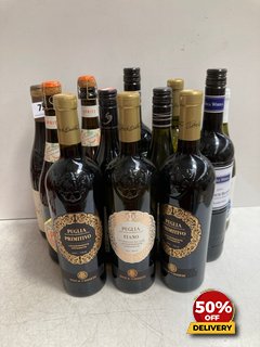 12 X BOTTLES OF ASSORTED WINE TO INCLUDE 4X DUCA DI SASSETA PUGLIA FIANO 2022 75CL 13% VOL (WE OPERATE A CHALLENGE 25 POLICY. 18+ ID MAY BE REQUIRED UPON COLLECTION/DELIVERY, E.G. A VALID PASSPORT OR