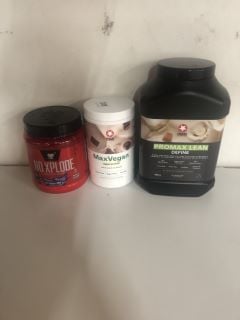 3 X FITNESS ITEMS INC MAXI NUTRITION MAX VEGAN CHOCOLATE FLAVOUR (BB:09/24)