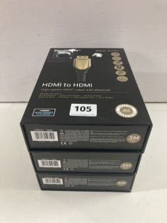 3 X SANDSTROM THREE METRE HDMI TO HDMI CABLES