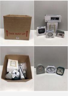 BOX OF SMALL CLOCKS TO INCLUDE ALARM CLOCKS