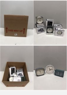 BOX OF SMALL CLOCKS TO INCLUDE ALARM CLOCKS