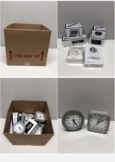 BOX OF SMALL CLOCKS TO INCLUDE ALARM CLOCKS