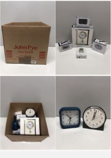 BOX OF SMALL CLOCKS TO INCLUDE ALARM CLOCKS