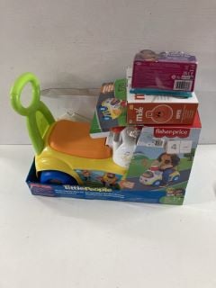 TOYS AND GAMES TO INCLUDE A FISHER PRICE LITTLE PEOPLE RIDE ON