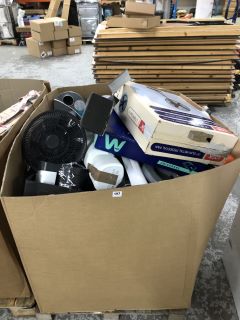 PALLET OF ITEMS TO INC LOGIK GUN METAL PEDESTAL FAN & MOMENTUM X308 SHREDDER