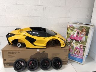 LAMBORGHINI SIAN FKP37 BATTERY POWERED RIDE ON AND A LITTLE TIKES PRINCESS COZY COUPE