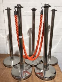 5 X CHROME COLOURED METAL ROPE BOLLARDS TO INCLUDE ORANGE COLOURED ROPE