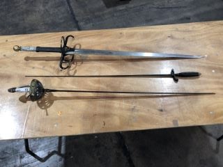 *18+ ONLY* 120CM REPLICA METAL LONGSWORD WITH STONE AND BROWN LEATHER STYLE HANDLE TO INCLUDE 112CM REPLICA METAL RAPIER WITH KNUCKLE GUARD AND 106CM REPLICA METAL RAPIER IN BLACK