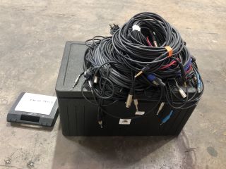 QUANTITY OF ASSORTED POWER CABLES TO INCLUDE ASSORTED XLR CABLES AND STORAGE BOX