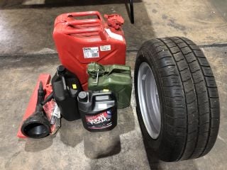 1X CLARKE RED 20L STEEL JERRY CAN 1X FAITHFULL GREEN 5L STEEL JERRY CAN TO INCLUDE 2X CLEENY SNOW FOAM CAR SOAP ANDS SMALL MOTOR WHEEL