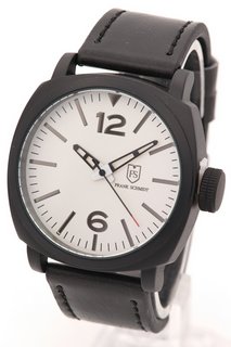 MEN'S FRANK SCHMIDT WATCH. FEATURING A WHITE DIAL, BLACK BEZEL AND CASE, W/R 3ATM. BLACK LEATHER STRAP. COMES WITH A PRESENTATION CASE: LOCATION - D0