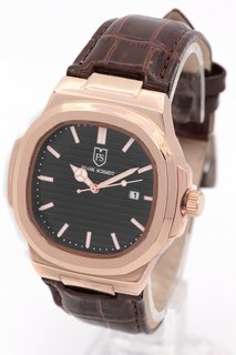 MEN'S FRANK SCHMIDT AMBASSADOR WATCH. FEATURING A BLACK TEXTURED DIAL, ROSE GOLD COLOURED BEZEL AND CASE, DATE, W/R 3ATM. BROWN LEATHER STRAP. COMES WITH A PRESENTATION CASE: LOCATION - D0