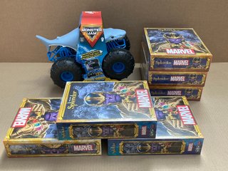 QTY OF MARVEL MARC ANDRE SPLENDOR GAMES TO INCLUDE MONSTER JAM MEGALODON STORM TRUCK: LOCATION - D15