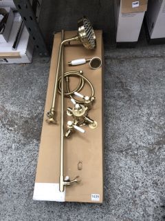 TRADITIONAL EXPOSED SHOWER VALVE IN BRUSHED BRASS WITH RISER RAIL, TRADITIONAL ROSE SHOWER HEAD, HANDSET & HOSE - RRP £785: LOCATION - RACKING 3