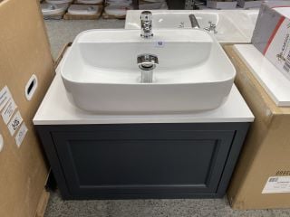 (COLLECTION ONLY) ROPER RHODES WALL HUNG 1 DRAWER COUNTERTOP SINK UNIT IN SLATE GREY & WHITE 670 X 400MM WITH A 1TH CERAMIC BASIN COMPLETE WITH A MONO BASIN MIXER TAP & CHROME SPRUNG WASTE - RRP £765