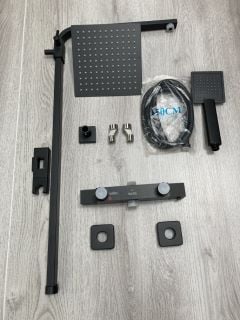 SQUARE STYLED THERMOSTATIC BAR SHOWER VALVE IN BLACK WITH RISER RAIL, SQUARE FIXED SHOWER HEAD, HANDSET & HOSE - RRP £705: LOCATION - RACKING 1