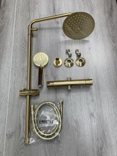 THERMOSTATIC BAR SHOWER VALVE IN BRUSHED BASS WITH RISER RAIL, ROUND FIXED SHOWER HEAD, MULTI FUNCTION HANDSET & HOSE - RRP £695: LOCATION - RACKING 1