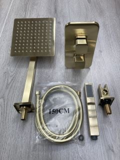 CONCEALED SHOWER VALVE IN BRUSHED BRASS WITH SQUARE FIXED SHOWER HEAD WITH WALL MOUNTED ARM, OUTLET ELBOW/PARKING BRACKET WITH PENCIL STYLE HANDSET & HOSE - RRP £665: LOCATION - RACKING 1