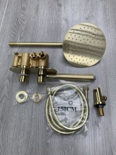 CONCEALED SHOWER VALVE IN BRUSHED BRASS WITH ROUND FIXED SHOWER HEAD WITH WALL MOUNTED ARM, OUTLET ELBOW/PARKING BRACKET WITH PENCIL STYLE HANDSET & HOSE - RRP £645: LOCATION - RACKING 1