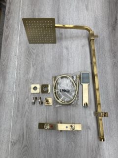 SQUARE STYLED THERMOSTATIC BAR SHOWER VALVE IN BRUSHED BRASS WITH RISER RAIL, SQUARE FIXED SHOWER HEAD, HANDSET & HOSE - RRP £685: LOCATION - RACKING 1