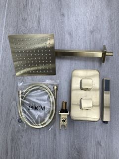 CONCEALED SHOWER VALVE IN BRUSHED BRASS WITH SQUARE FIXED SHOWER HEAD WITH WALL MOUNTED ARM, OUTLET ELBOW/PARKING BRACKET WITH PENCIL STYLE HANDSET & HOSE - RRP £665: LOCATION - RACKING 1