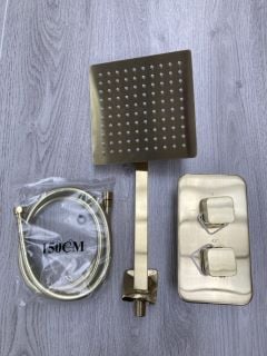 CONCEALED SHOWER VALVE IN BRUSHED BRASS WITH SQUARE FIXED SHOWER HEAD WITH WALL MOUNTED ARM, OUTLET ELBOW/PARKING BRACKET & HOSE - RRP £620: LOCATION - RACKING 1