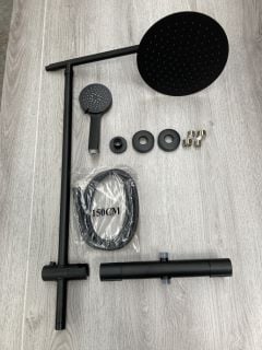 THERMOSTATIC BAR SHOWER VALVE IN BLACK WITH RISER RAIL, ROUND FIXED SHOWER HEAD, MULTI FUNCTION HANDSET & HOSE - RRP £695: LOCATION - RACKING 1