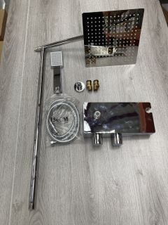 CHROME SHELF STYLE SHOWER VALVE WITH RISER RAIL, SQUARE FIXED SHOWER HEAD, HANDSET & HOSE - RRP £745: LOCATION - RACKING 1