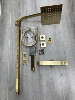 SQUARE STYLED THERMOSTATIC BAR SHOWER VALVE IN BRUSHED BRASS WITH RISER RAIL, SQUARE FIXED SHOWER HEAD, HANDSET & HOSE - RRP £685: LOCATION - RACKING 1