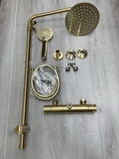 THERMOSTATIC BAR SHOWER VALVE IN BRUSHED BRASS WITH RISER RAIL, ROUND FIXED SHOWER HEAD, MULTI FUNCTION HANDSET & HOSE - RRP £695: LOCATION - RACKING 1