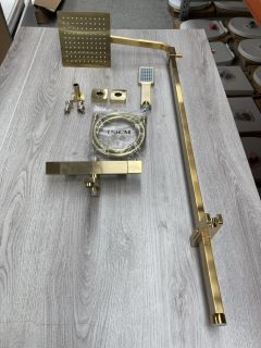 SQUARE STYLED WALL MOUNTED THERMOSTATIC BSM IN BRUSHED BRASS WITH RISER RAIL, SQUARE FIXED SHOWER HEAD, HANDSET & HOSE - RRP £725: LOCATION - RACKING 1