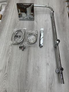 SQUARE STYLED RISER RAIL KIT IN CHROME WITH FIXED SHOWER HEAD, SHOWER HANDSET & HOSE - RRP £225: LOCATION - RACKING 1