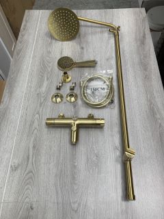 WALL MOUNTED THERMOSTATIC BSM IN BRUSHED BRASS WITH RISER RAIL, ROUND FIXED SHOWER HEAD, MULTI FUNCTION HANDSET & HOSE - RRP £735: LOCATION - RACKING 1